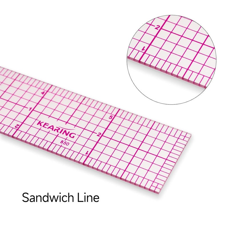 KEARING Clear Sewing Graph Ruler Fashion Design Ruler, Sandwich Line, 1" x 6", Transparent Pattern Making Dress Making Ruler for Sewing Quilting - Image 3